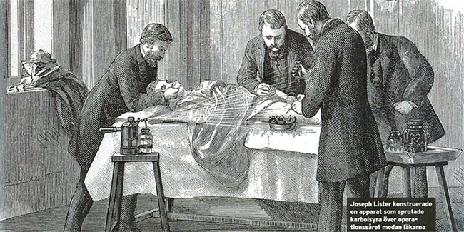 Bác sĩ Joseph Lister tìm ra vai trò của chất sát trùng trong khống chế bệnh lây nhiễm.