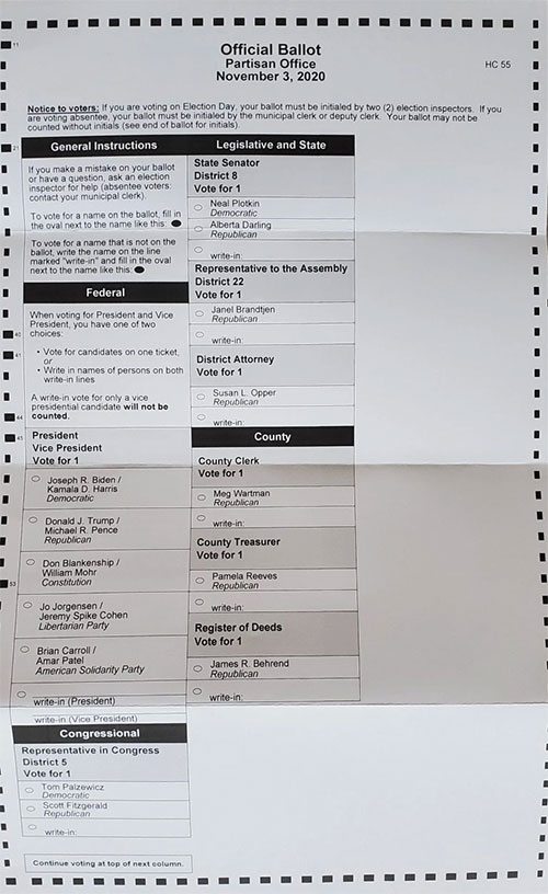 Sample ballot used in the 2020 election.