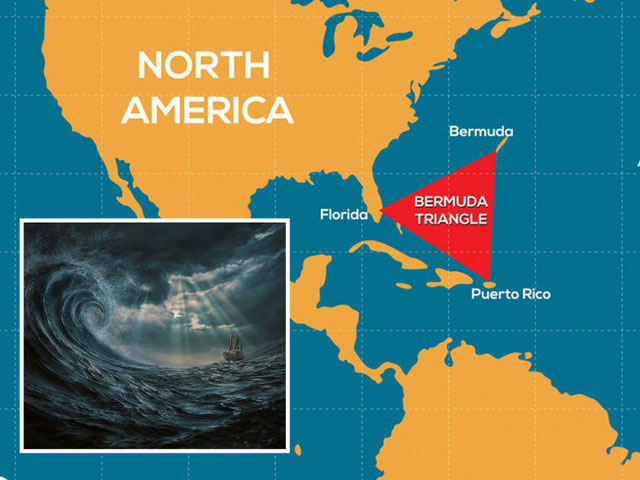 Bản đồ tam giác quỷ Bermuda với hình ảnh con tàu trong cơn bão