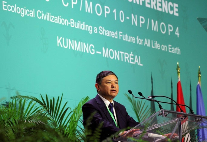Bộ trưởng Bộ Sinh thái và môi trường Trung Quốc Hoàng Nhuận Thu - phát biểu tại hội nghị. 