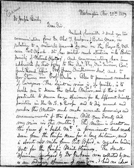 Bức thư năm 1859 của John Evans thảo luận về việc phát hiện ra thiên thạch.