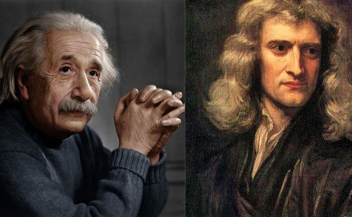 Hai nhà khoa học Einstein và Newton.