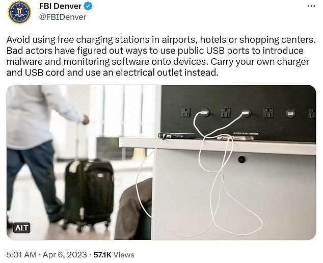 Cảnh báo của FBI (Mỹ) về những trạm sạc điện thoại công cộng.