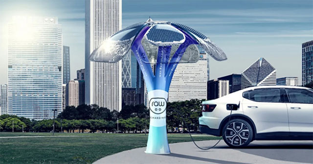 Cây kim loại tán rộng 7m giúp sạc xe điện