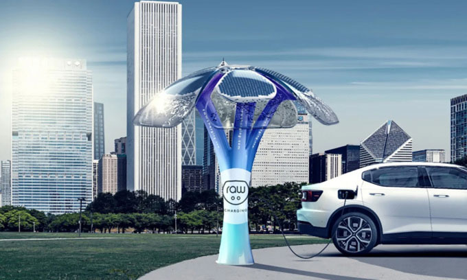 Cây kim loại tán rộng 7m giúp sạc xe điện