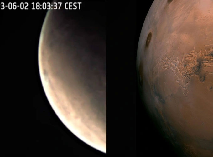 Hình ảnh phát sóng trực tiếp từ Mars Express (trái) gây bất ngờ