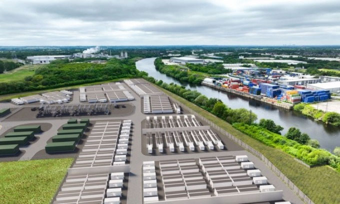 Minh họa nhà máy lưu trữ điện bằng pin lớn nhất thế giới ở Manchester.