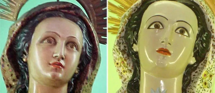  Tượng thánh Santa Bárbara giống như được “trang điểm” sau khi phục chế. 