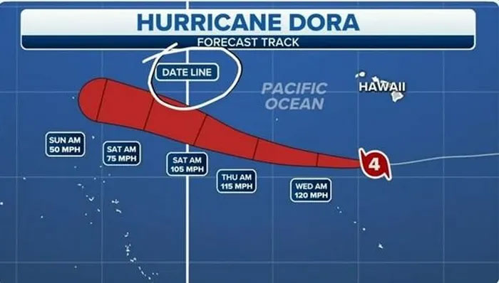 Bão Dora vượt qua Đường đổi ngày Quốc tế (Date line)