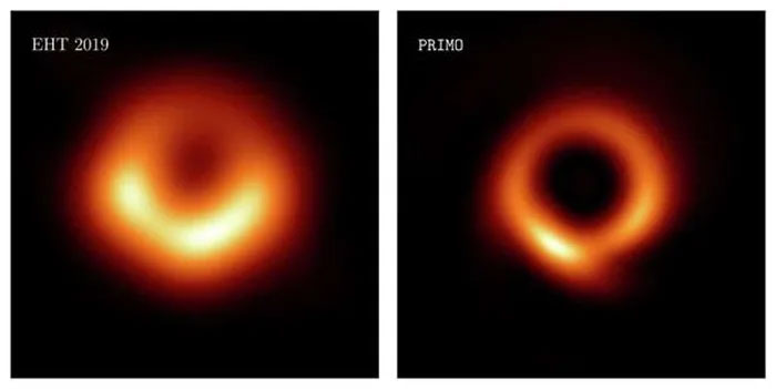 Hình ảnh hố đen được công bố năm 2019 (bên trái) và hình ảnh qua bộ lọc của AI năm 2023.