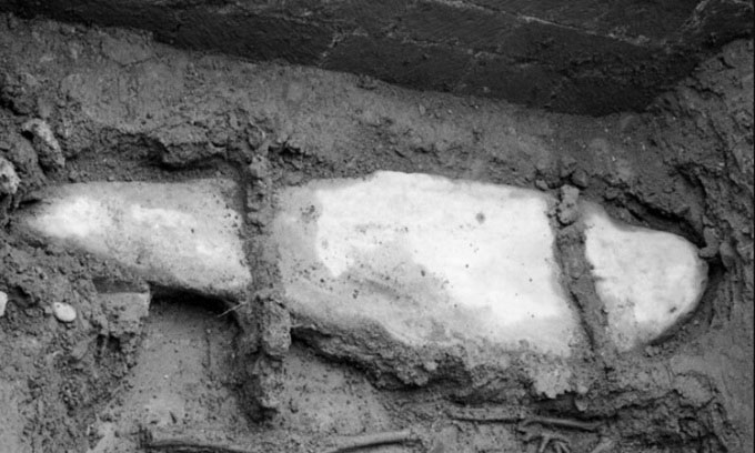 Lead coffin located in the burial chamber of St Bees Priory.