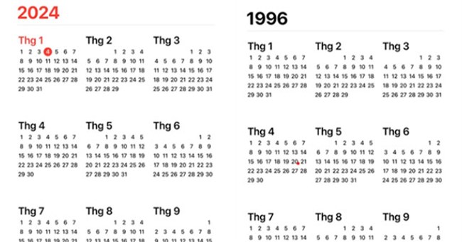 Vì sao lịch năm 2024 trùng khớp hoàn toàn với lịch năm 1996?