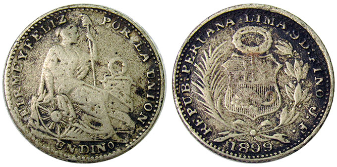 Một đồng xu 10 xu được gọi là "dinero" nổi bật với dấu in "1899" trên nó