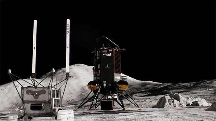 Hình ảnh mô phỏng tàu thám hiểm Lunar Outpost, với ăng-ten Nokia mở rộng trên Mặt trăng.