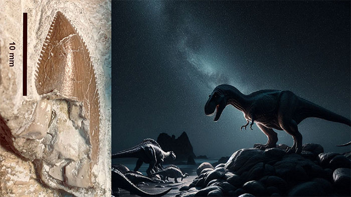  Một mẫu vật là răng của Caletodraco cottardi và ảnh đồ họa khủng long nhóm Abelisauridae