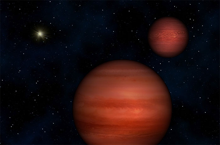 Ảnh đồ họa mô tả một cặp "hành tinh từ hư không" đồng hành với một ngôi sao khác ở phía xa