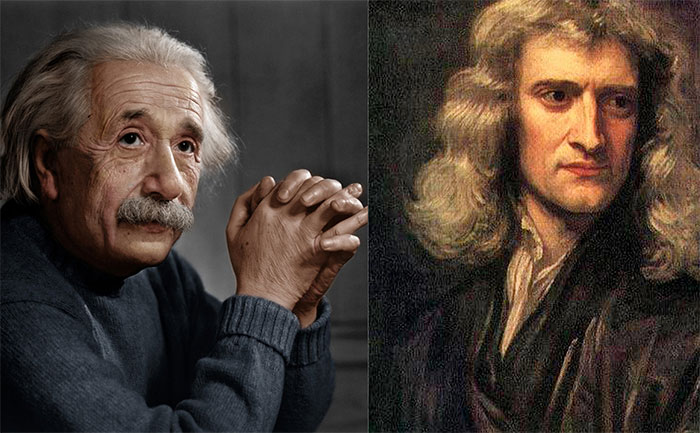 Einstein (trái) và Newton (phải).